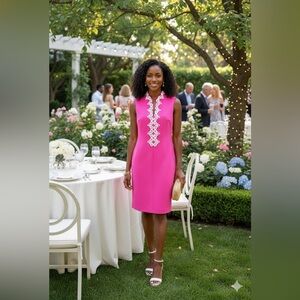 Elle Women's Textured Hot Pink and White Embroidered Sheath Dress Size Medium